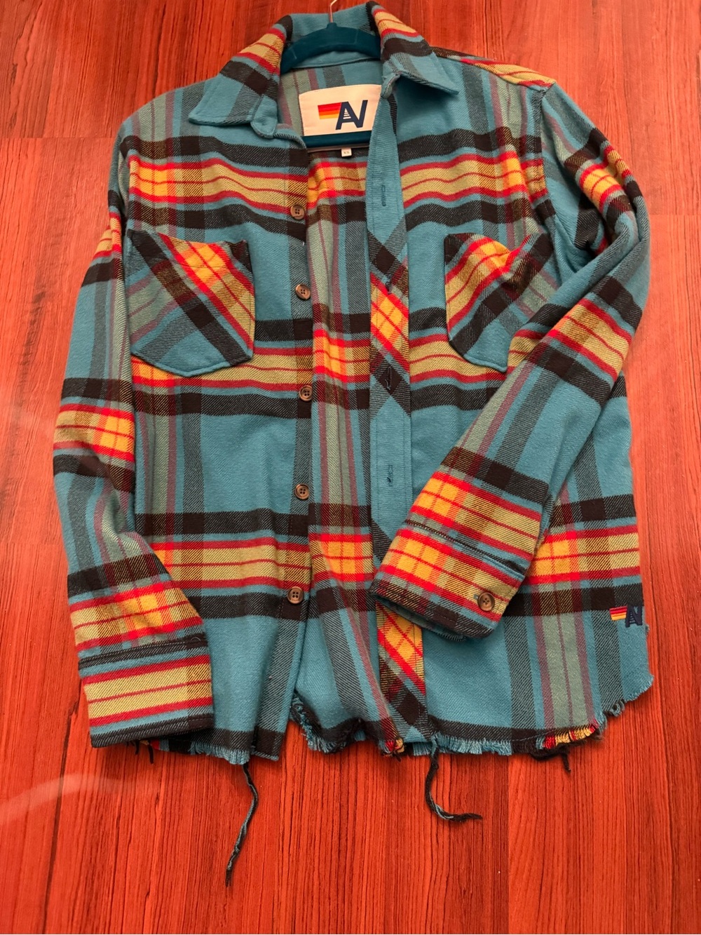 Aviator Nation Teal Plaid Button-Down Shirt with Yellow & Red Stripes